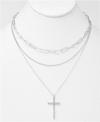 Silver Triple Layer with Rhinestone Cross 16"-18" Necklace