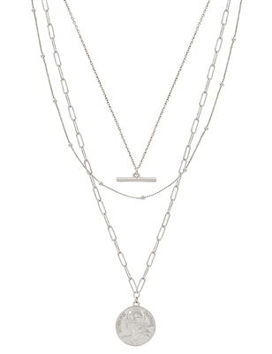 Silver Layered Chain with Coin 17"-21" Necklace