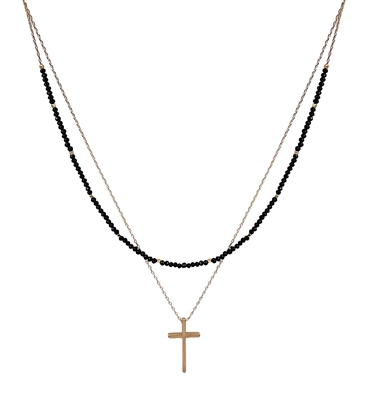 Black Crystal with Gold Cross Layered 16"-18" Necklace