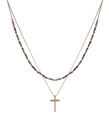 Multi Crystal with Gold Cross Layered 16"-18" Necklace