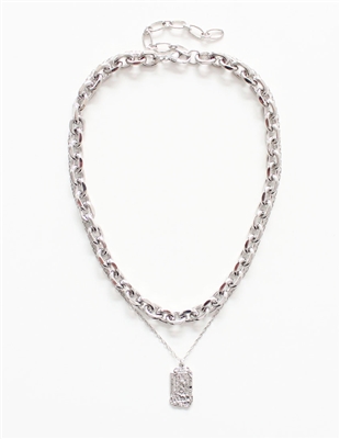 Silver Chain with Rectangle Stamped Coin 16"-18" Necklace