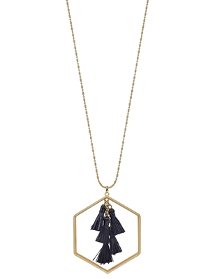 Black Tassel with Gold Hexagon  32"  Necklace, Game Day!