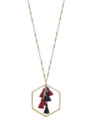 Maroon/Black Tassel with Gold Hexagon  32"  Necklace, Game Day!