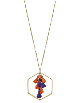 Orange/Purple Tassel with Gold Hexagon  32"  Necklace, Game Day!
