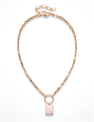 Matte Gold Chain with Circle and Pink Natural Stone Drop 18" Necklace