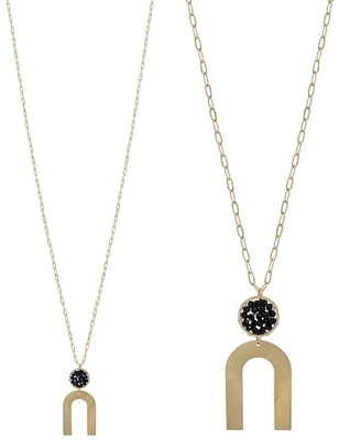Black Crystal Circle and Gold U Shape 32" Necklace