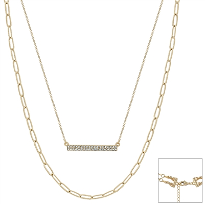 Gold Rhinestone Bar and Chain Layered 16"-18" Necklace