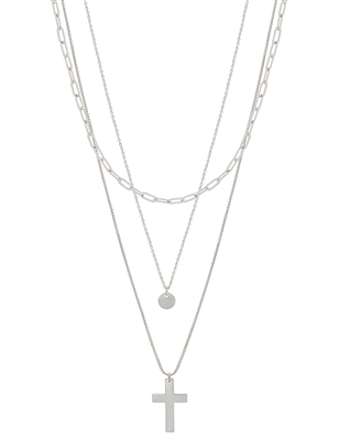 Matte Silver Triple Layered Chain and Cross 16"-18" Necklace