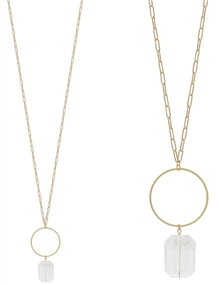 Gold Open Circle with Clear Crystal Drop 32" Necklace
