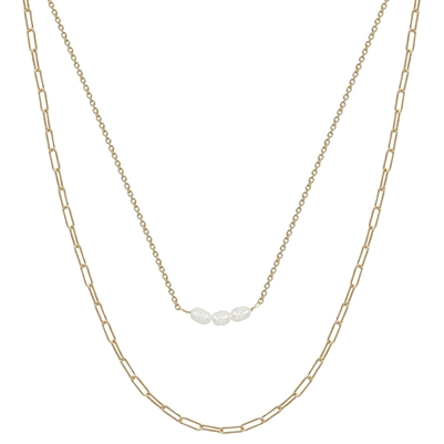 Gold Chain and Three Freshwater Pearl Layered 16"-18" Necklace