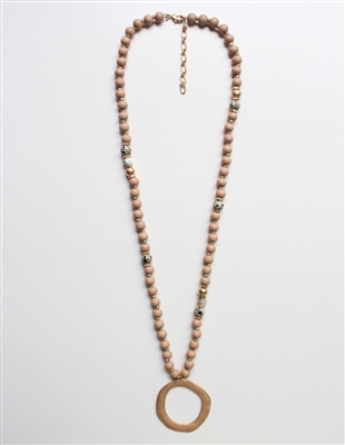 Natural Wood Beaded and Dalmatian Stone with Gold Circle 32" Necklace