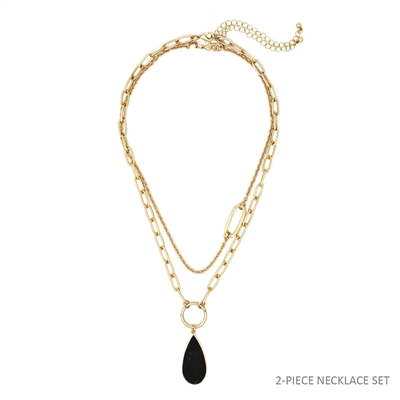 Gold Layered Chain with Black Natural Stone Teardrop 16"-18" Necklace