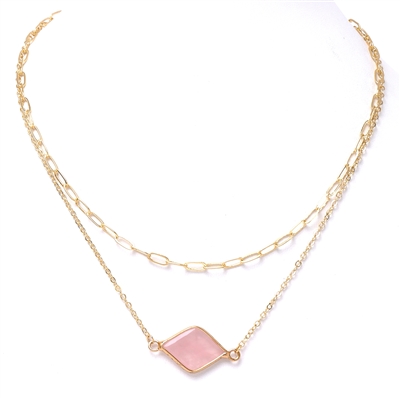 Gold Chain and Pink Natural Stone Layered 16"-18" Necklace