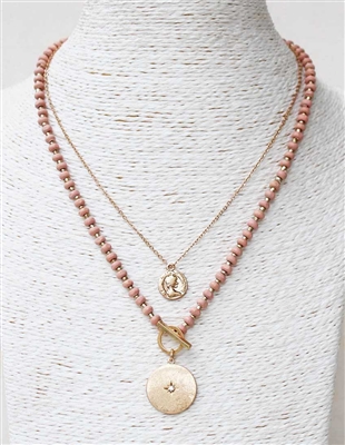 Pink Wood and Gold Coin Triple Layered 16"-18" Necklace