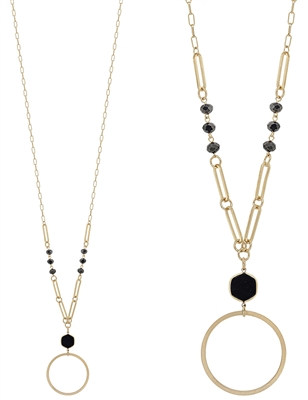 Black Natural Stone and Crystal with Gold Circle  34" Necklace