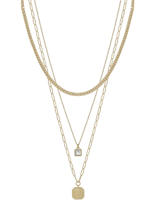 Matte Gold Triple Layered Snake, Rhinestone, and Square 16"-18" Necklace