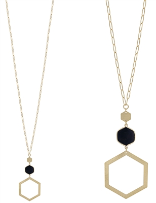 Black Natural Stone Hexagon and Gold 32"  Necklace