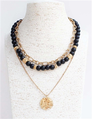 Black Wood Beaded and Gold Chain with Hammered Gold Coin Accent 16"-18" Necklace