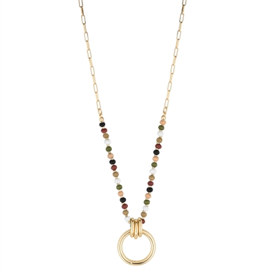 Multi Wood and Gold Chain with Gold Ring Accent 16"-18" Necklace