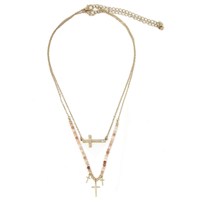 Gold Sideways Cross and Pink Natural Stone with Cross Charms Set of 2 16"-19" Necklace