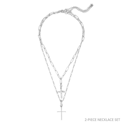 Layered Rhinestone and Silver Cross Set of 2 16"-19" Necklace