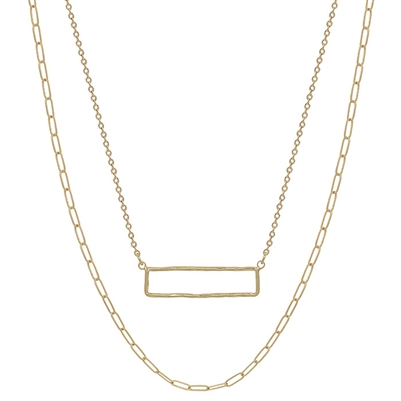 Worn Gold Open Rectangle and Chain Layered 16"-18" Necklace