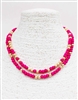 Hot Pink Wood and Textured Gold Beaded Two Layered 16"-18" Necklace