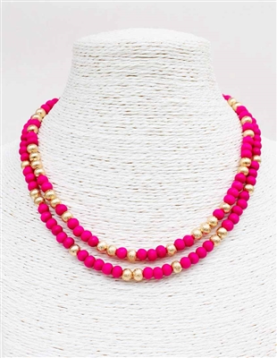Hot Pink Wood and Textured Gold Beaded Two Layered 16"-18" Necklace
