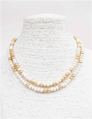 White Wood and Textured Gold Beaded Two Layered 16"-18" Necklace