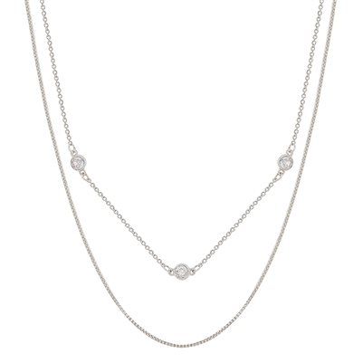 Silver Two Layered Thin Chain with Crystal Accents 16"-18" Necklace