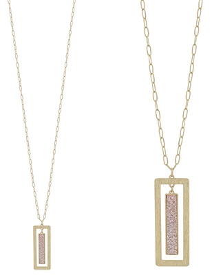 Rose Gold Druzy and Gold Rectangle Bar 32" Necklace