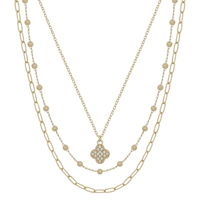 Triple Layered Rhinestone Clover and Gold 16"-18" Necklace