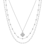 Triple Layered Rhinestone Clover and Silver 16"-18" Necklace