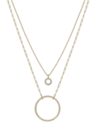 Small Gold Pave Circle with Circle Layered 16"-18" Necklace