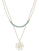 Mint Wood Beaded and Gold Flower 16"-18" Necklace
