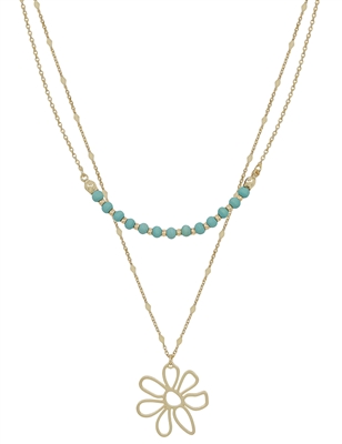 Mint Wood Beaded and Gold Flower 16"-18" Necklace
