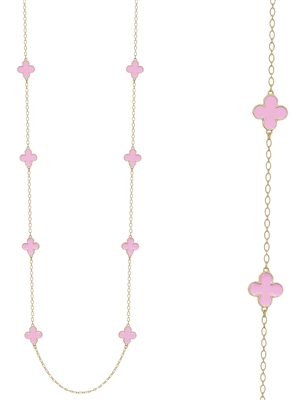 Pink Color Coated Clover with Gold Chain 36" Necklace