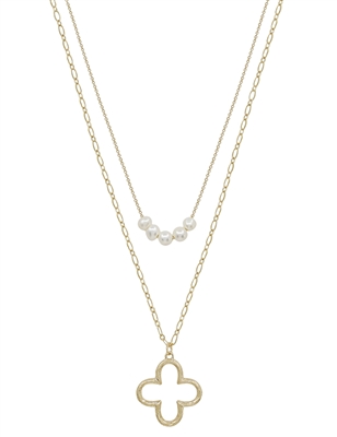 Worn Gold Open Clover with Pearl Row 16"-18" Necklace