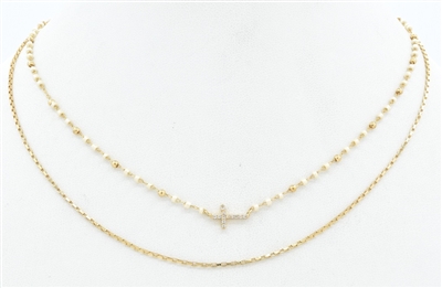 White Beaded and Gold Chain Layered Small  Cross 16"-18" Necklace