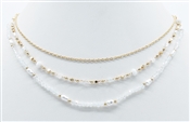 Gold Chain with White Crystal and Freshwater Pearl Triple Layered 16"-19" Necklace