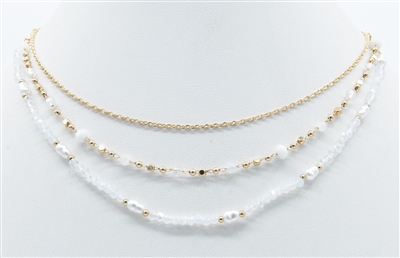 Gold Chain with White Crystal and Freshwater Pearl Triple Layered 16"-19" Necklace