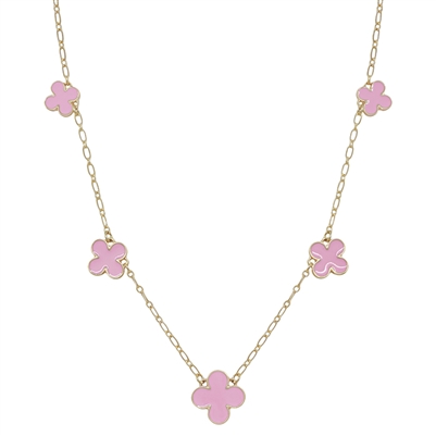 Pink Enamel Clover on Gold Chain 16"-18" Necklace