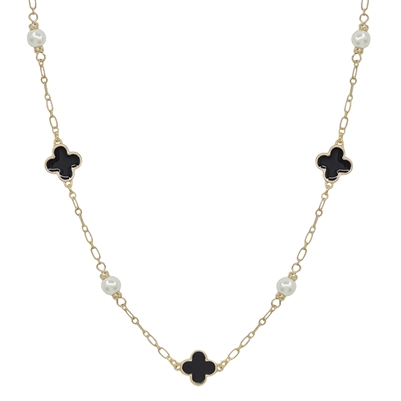 Black Epoxy Clover and Pearl 16"-18" Necklace