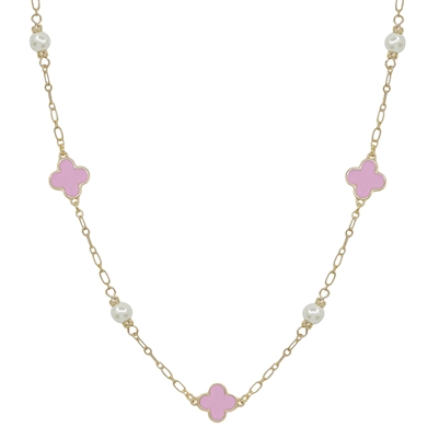 Pink Epoxy Clover and Pearl 16"-18" Necklace