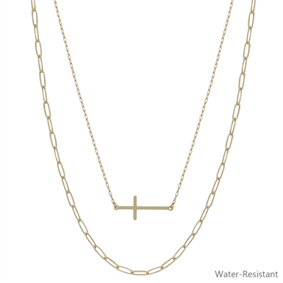 Water Resistant Gold Layered Cross Pendant 16"-18" Necklace