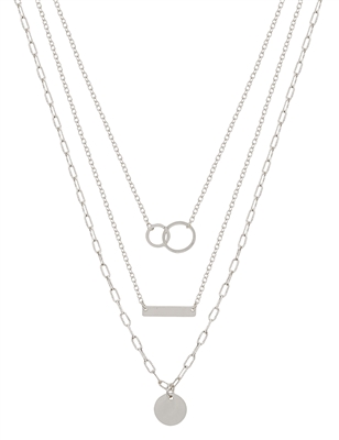 Triple Layered Silver Bar and Circle 16"-18" Necklace