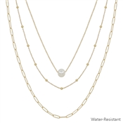 Water Resistant Triple Layered Gold and Pearl Beaded 16"-18" Necklace