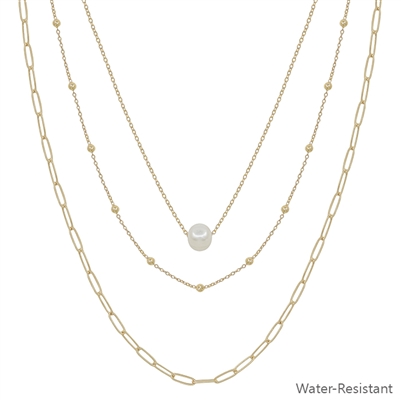Water Resistant Triple Layered Gold and Pearl Beaded 16"-18" Necklace