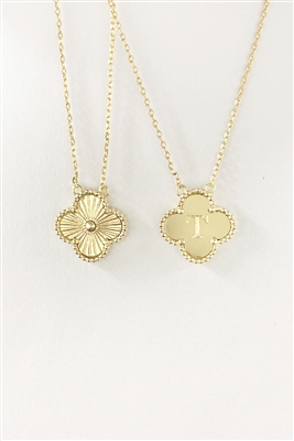 Gold Textured Clover Reversible "T" Intitial 16"-18" Necklace