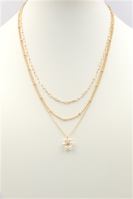 Gold Thin Layered Chain with Pearl Flower 16"-18" Necklace